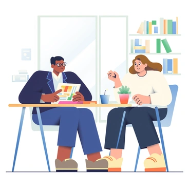 A mentor with medium skin and short black hair is seated at a modern wooden desk in an office. The mentor is wearing a navy blue blazer and glasses. Across from them, a young professional with light skin and long brown hair is attentively listening, dressed in a white blouse and dark trousers. In the center of the desk, there is an open book with colorful pages, and the mentor is pointing to a highlighted section while explaining a concept. There is a small potted plant on the desk, and a large window behind them lets in natural light, illuminating the room. A bookshelf filled with various books is visible on the wall.