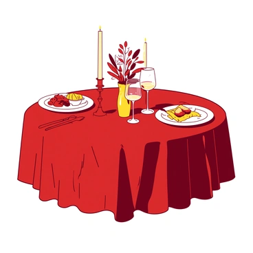 A red tablecloth is draped elegantly over a round dinner table, creating a rich backdrop for the scene. On the table, there are two plates, each with a beautifully arranged meal. Soft yellow candles are placed in ornate holders, flickering gently and casting a warm glow on the dishes. A pair of sparkling wine glasses sits beside each plate, reflecting the candlelight. Fresh flowers in a small yellow vase are centered on the table, adding a touch of elegance to the intimate setting.