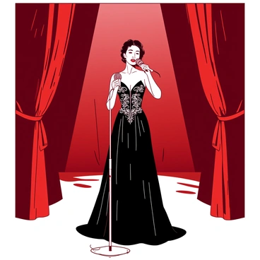 A grand opera singer is standing center stage, wearing an elegant black gown adorned with intricate silver patterns. The singer is holding a microphone, and her face is expressive as she delivers a powerful performance. Behind her, there are dramatic red curtains that frame the stage, adding a rich texture to the scene. Bright spotlights illuminate the singer from above, creating a stark contrast with the deep red of the curtains. The stage floor has a polished sheen, reflecting the light and enhancing the theatrical atmosphere.