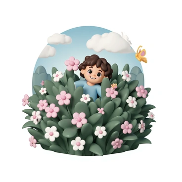 A young child with curly brown hair, wearing a light blue t-shirt and denim shorts, is peeking out from behind a large bush. The bush is dense and covered in vibrant pink and white flowers, with green leaves surrounding it. The child’s eyes are wide with curiosity, and a small smile is forming on their lips. Sunlight filters through the trees in the garden, casting soft shadows on the ground, while colorful butterflies flutter nearby.