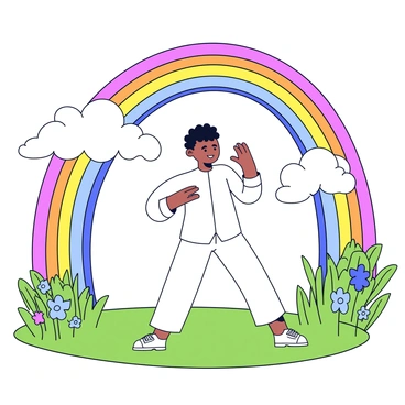 A vibrant rainbow arches across the sky, creating a colorful backdrop. In the foreground, a person is practicing tai chi with graceful movements. The individual is wearing a comfortable white outfit, and their feet are positioned firmly on the lush green grass of the field. The surrounding landscape is filled with gently swaying grass and wildflowers, adding to the peaceful scene. The sunlight filters through the clouds, illuminating the rainbow’s bright colors.