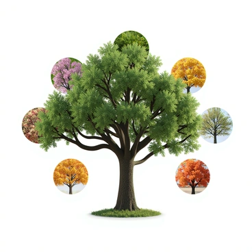A large tree with a sturdy trunk and sprawling branches is depicted in the center of the image. Surrounding the tree, each quadrant represents a different season. On the left, spring is illustrated with blooming flowers in vibrant colors and fresh green leaves. In the top right, summer is shown with full, lush foliage and bright sunlight filtering through the leaves. The bottom right displays autumn, featuring orange, red, and yellow leaves that are falling gently to the ground. Finally, the bottom left illustrates winter, with the tree bare of leaves and covered in a light dusting of snow. Each season is distinct and harmoniously integrated around the tree, symbolizing the cycles of life.
