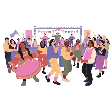 A vibrant cultural festival scene filled with people dancing joyfully. In the foreground, a group of individuals are dressed in traditional clothing from various cultures. One person is wearing a colorful, flowing dress adorned with intricate patterns, while another has on a brightly colored tunic with matching pants. In the background, a stage is set with musicians playing traditional instruments, surrounded by decorative banners and lights. Spectators are clapping and cheering, some holding flags that represent their heritage. The atmosphere is lively, filled with movement and expression, showcasing the diversity and richness of cultural traditions.