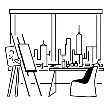 An artist's workspace with a view of the NYC skyline from a large window