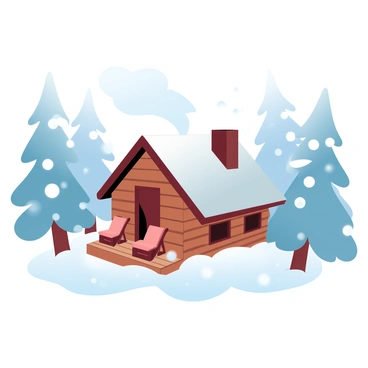 A quaint wooden cabin with a steeply pitched roof is surrounded by tall, snow-covered pine trees. The cabin has smoke rising from the chimney, indicating a warm fire inside. Snow blankets the ground, creating a soft white layer, while branches of the trees are heavy with freshly fallen snow. In the foreground, a small wooden porch extends from the cabin, with a pair of rustic chairs sitting invitingly. A gentle snowfall adds to the tranquil atmosphere, with snowflakes drifting down from the gray sky.