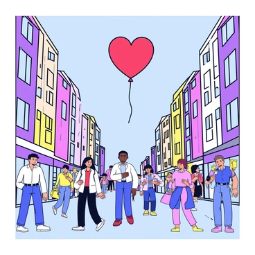 A red heart-shaped balloon is being lifted and swayed by the gentle breeze. The balloon is floating above a busy city street filled with various people walking and chatting. Surrounding the street are tall buildings, some featuring colorful storefronts and large windows. A few pedestrians are looking up at the balloon with smiles, while others continue on their way. The scene captures a lively urban atmosphere, with a clear blue sky above.