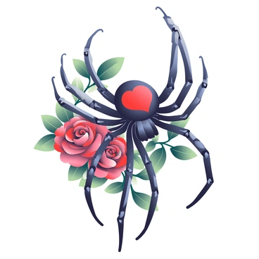 An intricate tattoo design features a "black widow spider" with a glossy black body and a distinct red hourglass shape on its abdomen. The spider is positioned at the center of the design, with its long, delicate legs gracefully extended. Surrounding the spider are several "roses" in full bloom, showcasing detailed petals in shades of deep red and dark green leaves. The roses are intertwined with the spider, creating a harmonious blend of nature and the tattoo subject. The overall composition is balanced, with intricate line work enhancing the details of both the spider and the roses, creating a captivating visual impact.