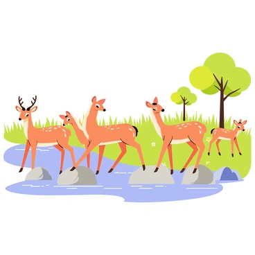 A group of four deer, including two doe and two fawn, cautiously crossing a shallow part of a river. The water is crystal clear, with small ripples generated by the movement of the deer. The deer are stepping delicately on smooth stones that are partially submerged in the water. Lush green grass and wildflowers line the riverbank, while a few trees with vibrant green leaves provide shade in the background. The scene captures the attentive expressions of the deer as they look around, ensuring their safety while crossing.