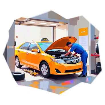 A yellow taxi cab is positioned inside a large taxi garage for its routine inspection. The garage is well-lit, showcasing various tools and equipment used for vehicle maintenance. A mechanic, wearing a blue uniform and gloves, is examining the engine of the taxi, leaning over the open hood. Nearby, a workbench is cluttered with tools such as wrenches and screwdrivers, while a tire rack holds several tires. The garage walls are lined with posters about vehicle safety and maintenance tips.