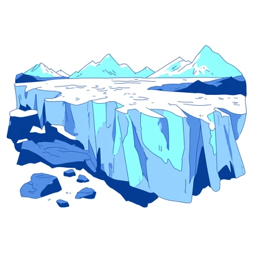 An expansive view of a glacier with jagged edges stretching across the landscape. The glacier is surrounded by rocky terrain, with patches of white snow contrasting against the icy blue hues of the ice. In the foreground, there are small rocks partially covered in snow, and distant mountains rise beyond the glacier, creating a dramatic backdrop. The sky above is clear, allowing sunlight to illuminate the icy surface, highlighting its texture and details.