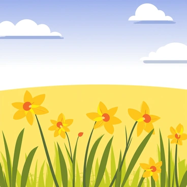 A vast field filled with blooming golden daffodils swaying gently in the breeze. The flowers have bright yellow petals with a trumpet shape in the center. Above them, a bright blue sky stretches endlessly, dotted with fluffy white clouds that create soft shadows on the ground. The sunlight bathes the scene, highlighting the vibrant colors of the flowers and the sky.
