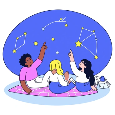 Three friends lying on a checkered blanket spread out on the grass. They are looking up at the night sky filled with numerous stars. Each friend has a relaxed posture, with one pointing towards the sky while the others are attentively looking in that direction. A few constellations are illustrated as dotted lines connecting the stars, highlighting their shapes. The friends are casually dressed, and there is a small picnic basket next to them. The atmosphere conveys a sense of friendship and wonder at the universe.
