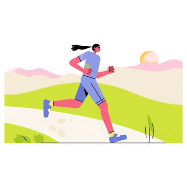 A runner in a light blue athletic outfit is moving through a misty morning landscape. The scenery is filled with soft hues of pink and orange from the dawn sky. Gentle hills are visible in the background, partially obscured by a light mist. The path is lined with lush green grass, and a few droplets of dew can be seen glistening in the early light. The runner's hair flows behind them as they move forward with grace.