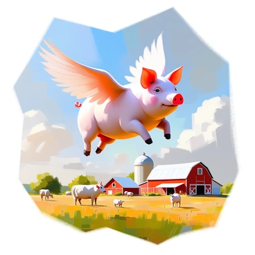 A pig with white wings is soaring gracefully above a farm. The pig has a light pink body and its wings are spread wide, showcasing detailed feathers. Below, the farm is visible with a red barn, a green field dotted with crops, and a blue sky with fluffy white clouds. The farm animals can be seen grazing in the fields, adding charm to the rural landscape. The sun casts a warm light over the scene, illuminating the colors of the farm and the flying pig.