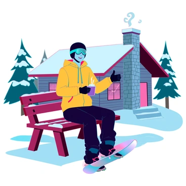 A snowboarder with a bright yellow jacket and black pants is sitting on a wooden bench outside a cozy alpine lodge. The lodge features a rustic wooden exterior with a stone chimney, and snow is gently falling around it. The snowboarder is wearing a black helmet and green goggles, and holds a steaming mug of hot cocoa with whipped cream in one hand. The background includes snow-covered mountains and pine trees, creating a wintry scene. The snowboarder has a content expression, enjoying the warm beverage in the chilly air.