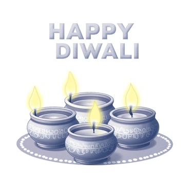 Several oil lamps are arranged on a decorative surface, each featuring intricate patterns etched into their ceramic or metal bodies. The lamps are brightly lit, casting warm light and creating soft shadows around them. Above the lamps, the words "Happy Diwali" are prominently displayed in decorative lettering, echoing the festive spirit. The overall composition is rich in detail, showcasing the craftsmanship of the lamps and the celebratory message.