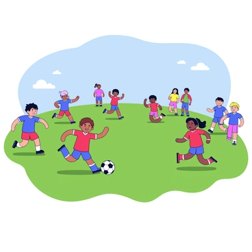 A grassy soccer field with a clear blue sky above. In the center, a group of kids is playing soccer, some wearing red jerseys and others wearing blue jerseys. The children are running energetically, with a soccer ball in motion near the players. The kids have diverse hairstyles and skin tones, showcasing their multicultural backgrounds. On the sidelines, a few parents are watching and cheering, creating a lively atmosphere.