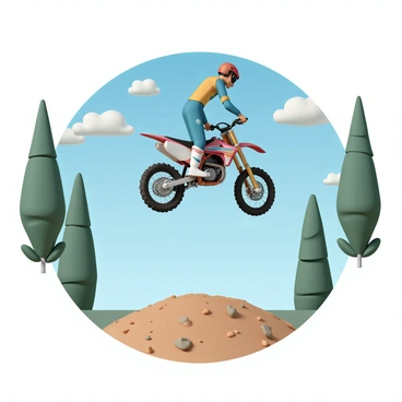 A dirt bike rider, wearing a red helmet, black goggles, and a blue and yellow racing suit, is soaring through the air off a large dirt jump. The bike is angled downward, showcasing its intricate design with vibrant colors and sporty decals. Below, the dirt jump is composed of packed earth and small rocks. In the background, fluffy white clouds scatter across a bright blue sky, while tall green trees frame the scene on either side, their leaves rustling in the wind. The sunlight illuminates the rider and the bike, creating a dynamic and energetic atmosphere.