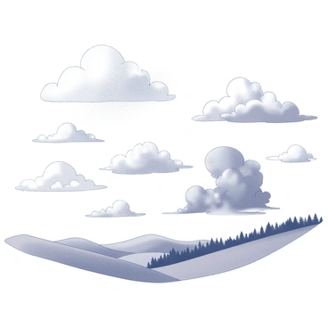 A landscape featuring a variety of cloud formations in the sky. Fluffy cumulus clouds are scattered throughout, while wispy cirrus clouds stretch across the horizon. Dark cumulonimbus clouds gather in one section, indicating an impending storm. There are patches of clear blue sky visible, contrasting with the clouds. Below, the terrain shows rolling hills and a distant tree line, suggesting a natural setting. The overall composition captures a dynamic range of weather conditions.