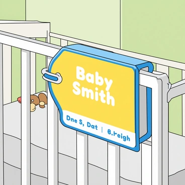 A baby name tag hanging from the side of a hospital crib. The tag is bright yellow with rounded edges and features a blue border. It displays the text "Baby Smith" in playful, large, white letters. Below the name, there is space for additional details, like the birth date and weight, written in smaller, light blue font. The crib itself is a soft white with a light gray mattress. The hospital room has pale green walls and is softly lit, creating a warm and welcoming atmosphere. There are small toys and a soft blanket visible in the crib, adding to the cozy scene.