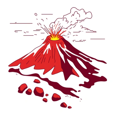 A red volcano is erupting with molten lava flowing from the crater at the top. The slopes of the volcano are covered in a thick layer of white snow and ice, contrasting sharply with the bright red lava. Plumes of ash and smoke are rising into the air, while small rocks are being ejected from the eruption. In the foreground, there are patches of rocky terrain exposed through the snow, and the sky is filled with dark clouds, creating a dramatic atmosphere around the volcanic eruption.