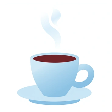 A simple line illustration of a steaming coffee cup on a saucer