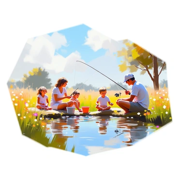 A peaceful field stretches out under a clear blue sky, with a small, serene fishing pond nestled in the middle. The pond reflects the sunlight, creating a sparkling surface. Nearby, a family is engaged in fishing; a father and a mother are casting their lines into the water, while two children are playfully sitting on the grassy bank. One child holds a fishing rod, while the other is looking curiously at a small fish caught in a bucket beside them. Tall grasses and wildflowers surround the pond, adding touches of color to the scene. In the background, a few trees provide gentle shade, completing this idyllic setting for relaxation.