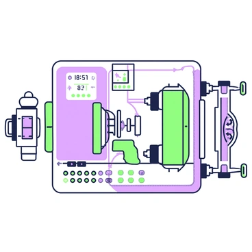 An exploded view illustration of a hemodialysis machine displaying its inner components. At the center, there is a large rectangular main body with various sections separated to reveal internal parts. To the right, a detailed image of the dialyzer, showcasing its filters and fluid pathways. To the left, a pump is visible, with arrows indicating the flow direction of blood. Below, there is a panel with numerous buttons and indicators, labeled clearly. Above, a clear display screen shows numerical readings. Each component is connected by thin lines representing electrical or fluid connections, creating a comprehensive layout of the machine's functionality.
