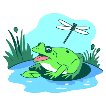 A green bullfrog is sitting on a lily pad, its mouth open as if it is "chatting" with a nearby dragonfly. The dragonfly, with delicate, shimmering wings, hovers in the air just above the bullfrog's head. The scene is set on a tranquil pond with rippling water reflecting the bright blue sky. Sunlight filters through the leaves of surrounding plants, casting playful shadows around the two creatures, enhancing the warmth of the "sunny morning".