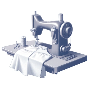 A close-up view of an old-fashioned sewing machine. The machine features intricate metal details and a hand crank. The needle is positioned above a half-finished dress that is made from delicate fabric. The dress displays a pattern with gathered sections and unfinished edges. Nearby, a spool of thread rests on the sewing machine, and a small pair of scissors lies next to the fabric. The background provides a subtle suggestion of a workspace, emphasizing the setting of a traditional sewing area.