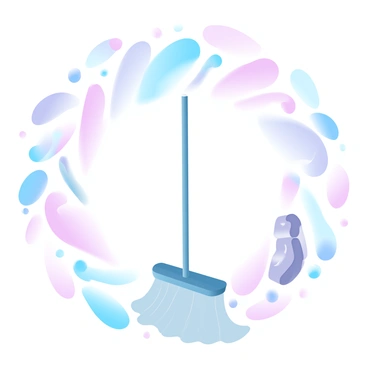 A mop surrounded by a swirl of candy and sweets, looking delighted