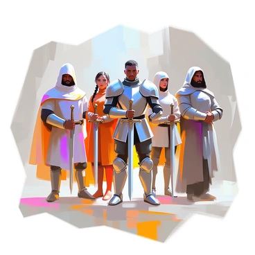 A diverse group of medieval heroes stands together, each displaying their unique swords. In the foreground, a tall knight with dark skin wears a gleaming breastplate and confidently grips a broad sword with an ornate hilt. Beside him, a woman with light skin and braided hair dons a leather tunic, holding a slender, curved sword with intricate engravings. Another hero, a stout warrior with olive skin and a fierce expression, wields a heavy, double-edged sword adorned with gemstones. To the side, a cloaked figure with a hood obscures their face, holding a shimmering, magical sword that glows faintly. Each hero's distinctive attire and sword reflect their individual backgrounds and fighting styles, creating a sense of unity and strength among them.