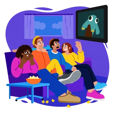 A group of four friends sitting closely together on a cozy couch, all focused on a large television screen showing a scary movie. The room is dimly lit, with popcorn scattered on the floor and a bowl of popcorn resting on a small table. One friend, a girl with curly hair, is hiding her face behind her hands in fear, her eyes peeking through her fingers. Another friend, a boy with glasses, looks wide-eyed at the screen, while a third friend, a girl with straight hair, has her mouth agape in shock. The fourth friend, a boy with a beanie, laughs nervously, trying to lighten the mood. The expressions of fear and excitement are prominent on their faces.