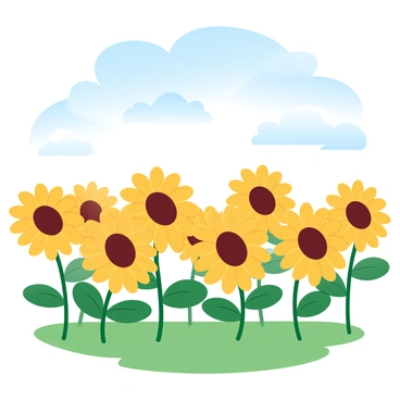 A field filled with tall sunflowers swaying gently in the breeze. Each sunflower has vibrant yellow petals surrounding a dark center. The sunflowers are arranged in neat rows, extending far into the distance. Above them, a pristine blue sky is dotted with a few soft, white clouds, creating a bright and cheerful atmosphere. The ground is green and well-tended, enhancing the golden hue of the sunflowers.