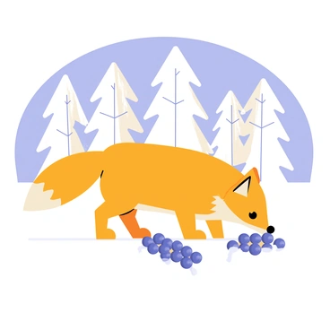 A winter scene featuring a fluffy orange fox with a white-tipped tail. The fox is crouched low to the ground, sniffing around a patch of fresh, white snow. There are clusters of purple grapes partially visible beneath the snow, glistening in the sunlight. Snow-covered trees line the background, their branches heavy with snow. The sky is a clear blue, creating a stark contrast against the white landscape.