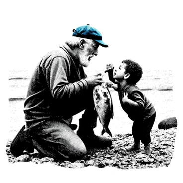 An old fisherman with a weathered face is kneeling on a rocky shore, holding up a large dead fish for a young child to see. The fisherman has a white beard and is wearing a faded blue cap. The child, with curly hair, is leaning in closely, eyes wide with curiosity. The fisherman gestures with his free hand, as if animatedly sharing a story about fishing. The scene captures the contrast between the old man's experience and the child's wonder. The background shows a calm sea with gentle waves lapping at the shore.