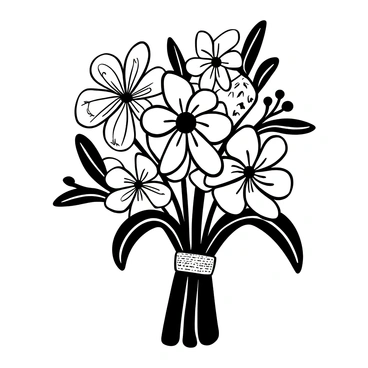A bouquet of flowers arranged elegantly, each flower showcasing intricate "mehendi patterns" delicately decorating the petals. The bouquet is tied together with a textured ribbon. The flowers vary in size and shape, creating a dynamic composition. Surrounding the bouquet are leaves with detailed veins, enhancing the overall presentation.
