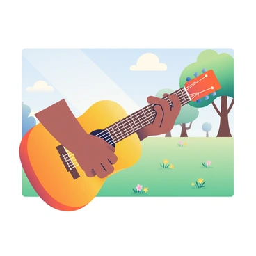 A right hand strumming the strings of an acoustic guitar in a sunny park.