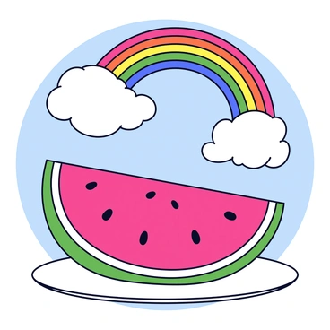 A sliced watermelon positioned on a white plate. The watermelon has bright red flesh with distinct black seeds. Above the watermelon, a rainbow arcs across the sky, radiating vibrant colors including red, orange, yellow, green, blue, indigo, and violet. The colors from the rainbow reflect onto the watermelon slice, creating a colorful, playful effect on the surface. The background features a light blue sky dotted with fluffy white clouds.
