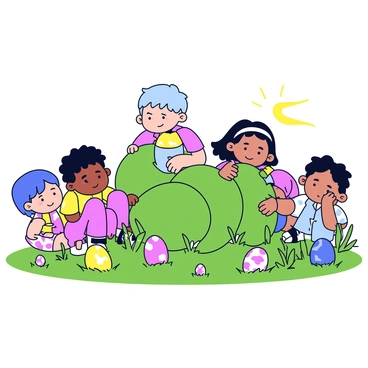 A group of children are in a garden filled with colorful flowers and green grass. Some children are crouching down, peering behind bushes and under plants, while others are holding baskets. Their expressions show excitement and curiosity. A few brightly colored Easter eggs, in shades of pink, blue, and yellow, are partially hidden in the grass and among the flowers. The sky above is clear and sunny, creating a cheerful atmosphere.