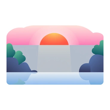 A large dam made of gray concrete stands prominently in the foreground. The sky above is filled with a vibrant sunset displaying shades of pink and orange, casting a warm glow over the scene. The calm water in front of the dam reflects the brilliant colors of the sunset, creating a mirror-like effect. Silhouetted trees can be seen on either side of the dam, enhancing the natural beauty of the landscape. The overall composition captures the serene atmosphere of the moment as the day transitions into evening.