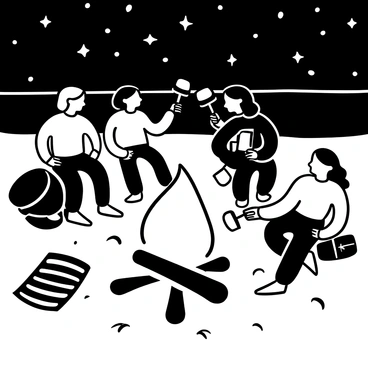A group of friends sitting on the sand around a large bonfire, with flames dancing and casting shadows. Several marshmallows on sticks are held over the fire. The sky is filled with numerous stars, creating a sparkling backdrop. There are beach towels and bags scattered around, and a few small waves gently lapping at the shore. The silhouettes of the friends are visible against the light of the fire.