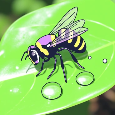 A hornet is perched on the edge of a shiny green leaf, its wings slightly open and glistening in the sunlight. The hornet's body features distinct black and yellow stripes. Below the hornet, several droplets of water are resting on the surface of the leaf, reflecting sunlight and creating a sparkling effect. The background consists of blurred green foliage, providing a natural setting for this scene.