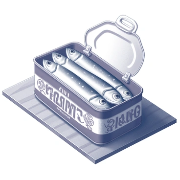 A vintage-style can of sardines resting on a wooden table. The can features ornate lettering and intricate designs on its surface. The lid is peeled back, showcasing neatly packed fish arranged in a row inside the can. The fish have a glossy texture and are placed closely together, glistening under soft light. The table has a rustic grain, adding to the vintage feel of the scene. There are small droplets of oil visible, hinting at the freshness of the contents within the can.