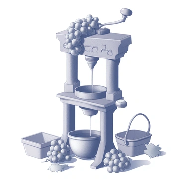 An old-fashioned grape juice press, with fresh grapes being squeezed into juice.