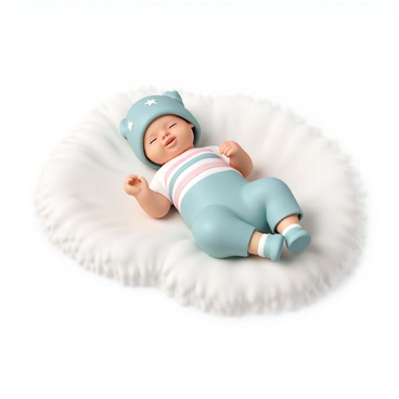 A newborn baby, with soft, delicate skin and closed eyes, is lying on a fluffy, white blanket. The baby is dressed in a soft, pastel-colored outfit, featuring light blue and pale pink stripes. The outfit has tiny buttons and little feet covers. The baby is wearing a matching hat that is snug and slightly tilted to one side. Small, embroidered stars decorate the hat. The scene has gentle lighting, creating a warm and peaceful atmosphere.