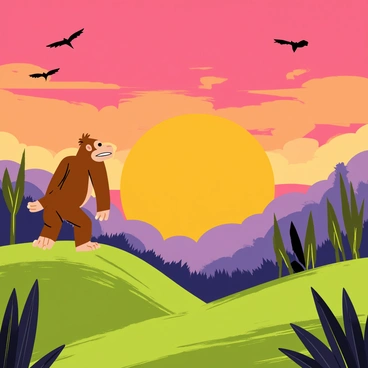 Donkey Kong standing on a grassy hill. He is looking out toward a vibrant sunset with shades of orange, pink, and purple filling the sky. The lush jungle is visible in the background, with tall green trees and dense foliage. Silhouettes of birds can be seen flying across the colorful sky, adding to the serene atmosphere.