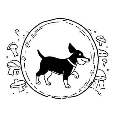 A dachshund with a smooth coat and long body is stepping through a circular magical portal. The portal is surrounded by intricate designs and swirling patterns that suggest a transition to another realm. The background features fantastical elements like towering mushrooms and whimsical trees. The dachshund is looking curiously ahead, its ears perked up as it enters this new world, with one paw lifted mid-step.