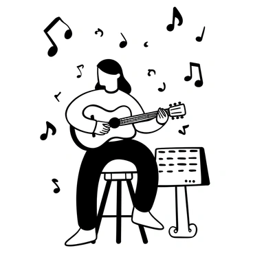 A musician sitting on a stool, playing an acoustic guitar. The musician has long hair and is wearing casual clothing. Surrounding the musician are numerous large musical notes floating in the air, creating a dynamic sense of movement. The background features a simple music stand with sheet music resting on it.
