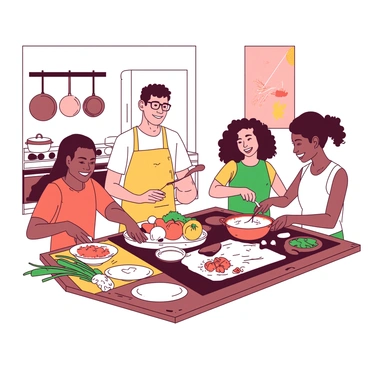 A bright and cheerful cooking class is taking place in a spacious kitchen. There are participants from diverse backgrounds, including a man with dark hair and glasses, a woman with curly hair, and a child with blonde pigtails. They are all gathered around a large wooden countertop filled with colorful ingredients like vegetables and spices. Each participant is engaged in a different task; one is chopping onions, another is stirring a pot on the stove, while the child is pouring flour into a mixing bowl. The walls of the kitchen are adorned with culinary-themed decorations, and there are pots and pans hanging above the countertop. The atmosphere is lively and collaborative as they share smiles and advice while preparing a delicious dish together.